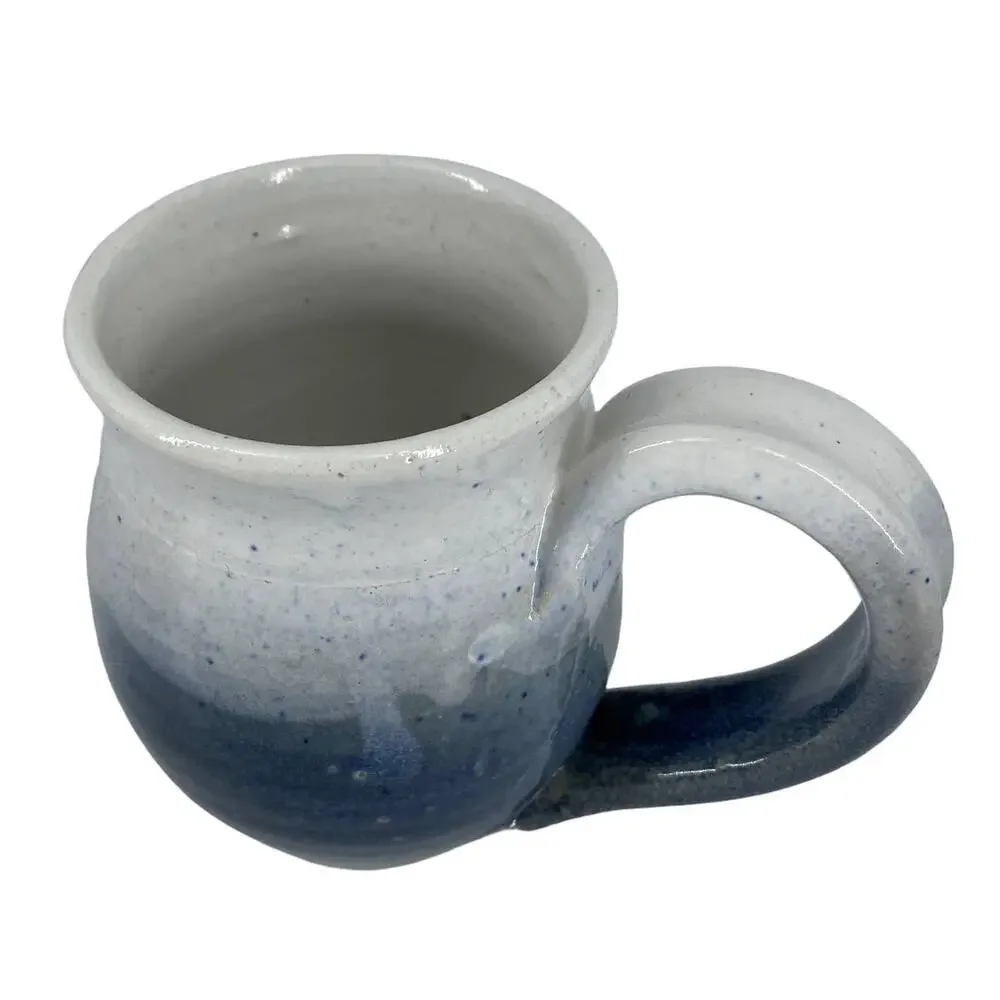 Pottery Mug Blue Signed Rustic Floral Design Coffee Tea Cup Ombre Studio Art